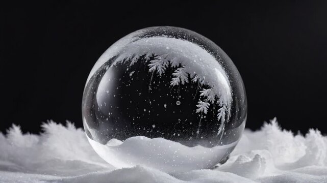 Crystal ball, snowball with snowy Christmas tree inside. Animation of christmas snowflakes falling over snow globe on blured background. 4K Video