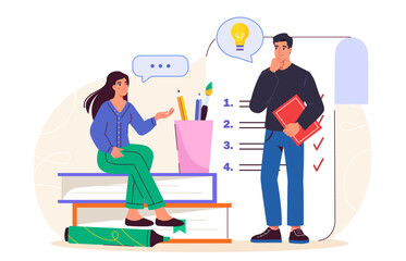 Students with idea. Woman and man with light bulb. Creativity and problem solving. Education, learning and training. Students discussing homework. Flat vector illustration