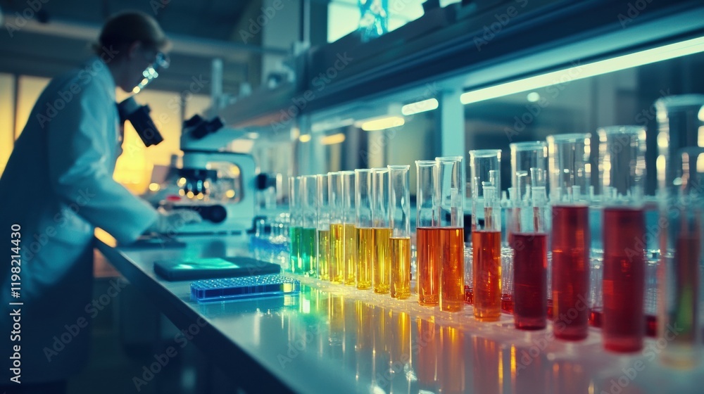 Leinwandbilder laboratory scene featuring a scientist examining samples with microscopes and colorful test tubes du