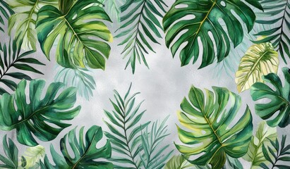 Tropical Leaf Pattern Watercolor Illustration for Wall Decor Mural and Interior Design