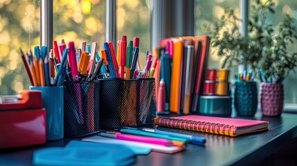 Colorful stationery by window, nature view, workspace
