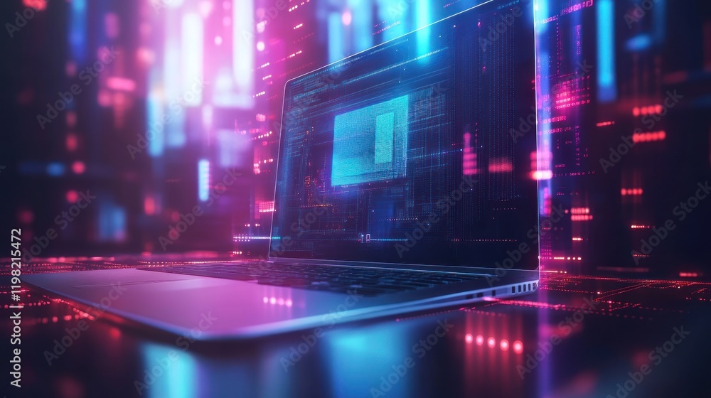 Poster laptop displaying futuristic digital code on screen.