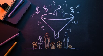 The board shows a sales funnel: human figures are potential clients, money symbols are conversions