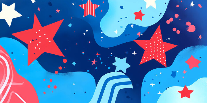 Blue background with red stars and white stripes, cartoon-style vector illustration for a children's book cover design