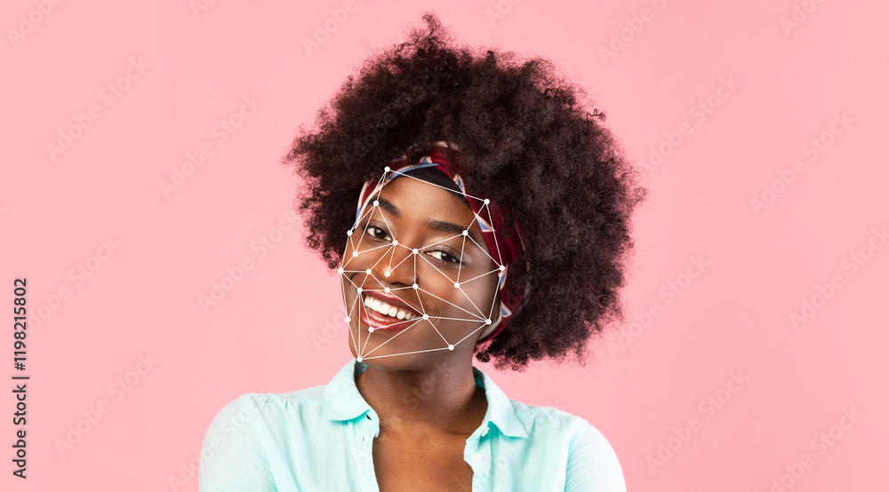 Poster a smiling individual stands against a pink background with facial recognition technology mapped onto