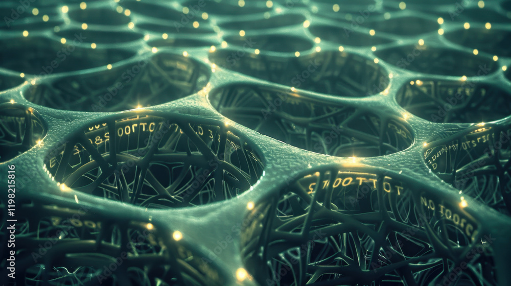 Poster intricate network of glowing cells, showcasing futuristic design with interconnected structures. lum