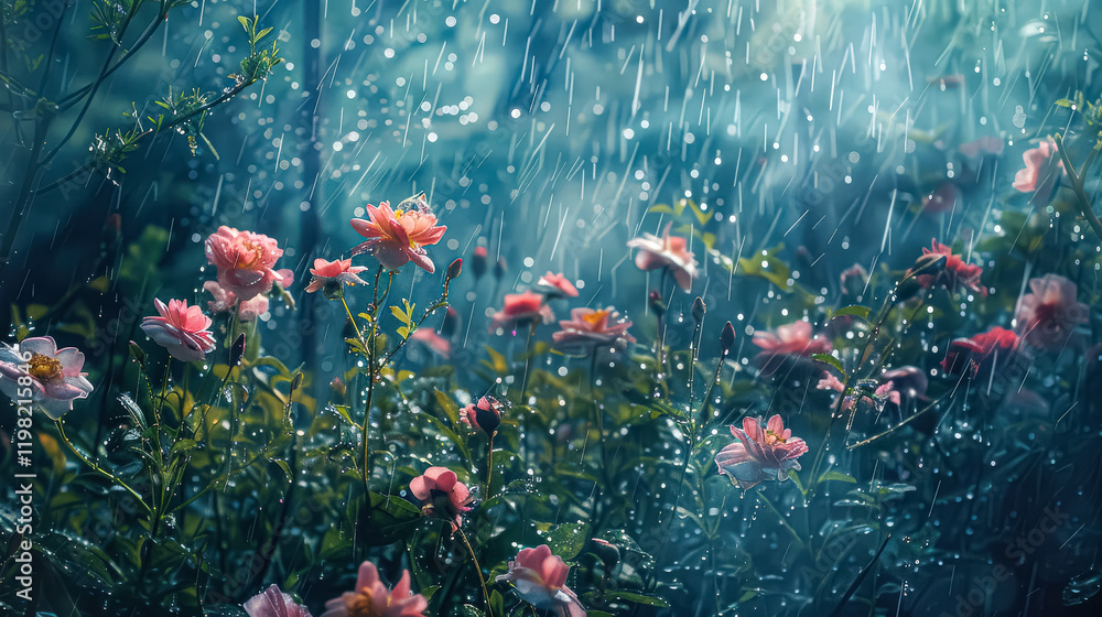 Aufkleber forest with a stream of rain falling on it. the rain is falling on the leaves of the trees and the f