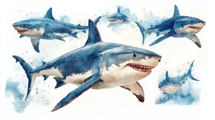 Fototapeta premium Watercolor illustration of a group of sharks on a white background