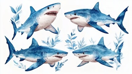 Obraz premium Watercolor illustration of a group of sharks on a white background