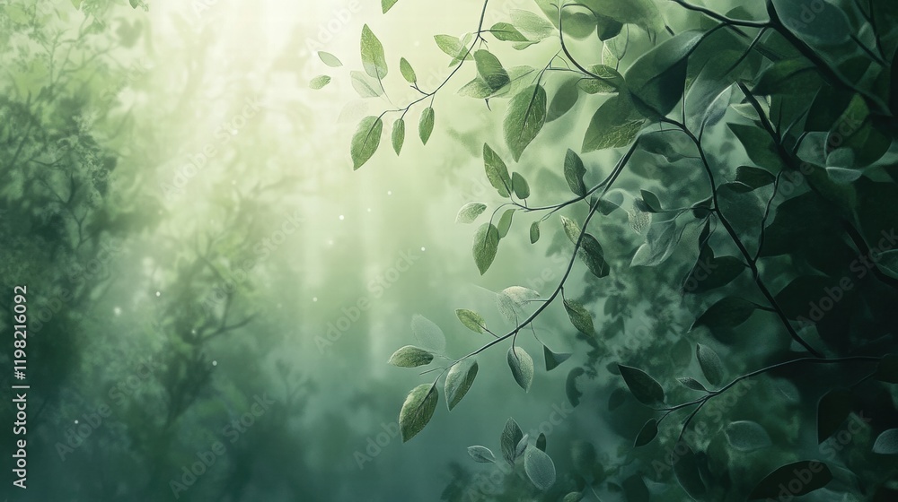 Poster serene green forest with sunlight filtering through leaves creating a peaceful atmosphere. generativ