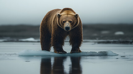 Obraz premium A polar bear is standing on top of a large ice block. The sky is dark and cloudy, and the water is calm. Concept of isolation and loneliness, as the polar bear is alone on the ice