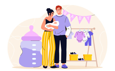 Parents with baby. Mother and father with toddler. Parenthood and childhood. Man and woman with kid. Husband and wife with newborn. Love and care. Flat vector illustration