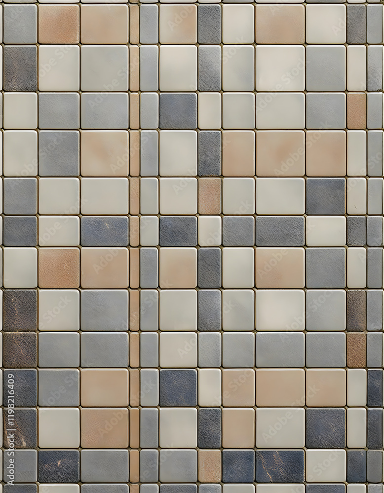 Poster a mosaic pattern of square tiles in various shades of gray, brown, and white, arranged in a grid, cr