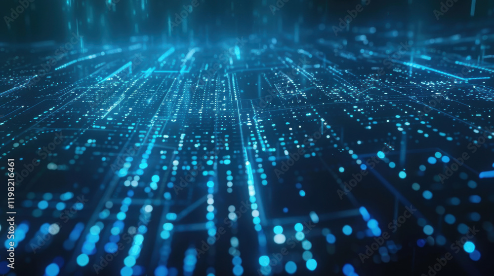 Poster digital abstract background with glowing blue lines and dots, representing data flow and technology.
