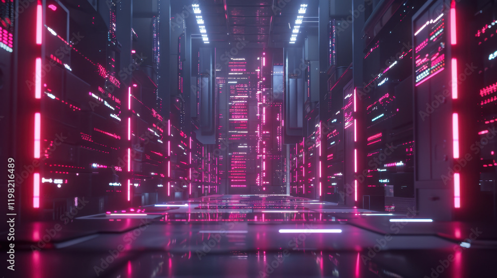 Poster futuristic data center with glowing pink lights and sleek technology, creating vibrant and high tech
