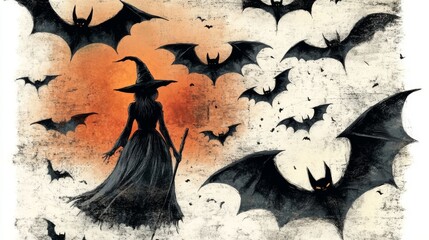 Naklejka premium Halloween background with witch and bats. Halloween background. Halloween background