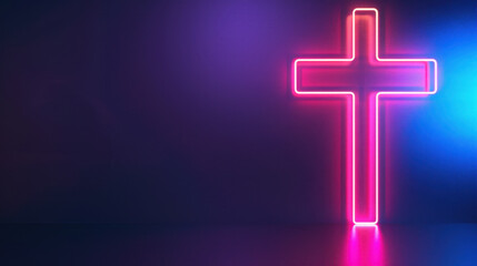 Fototapeta premium Neon cross illuminated in vibrant pink and blue light against dark background, creating striking visual effect