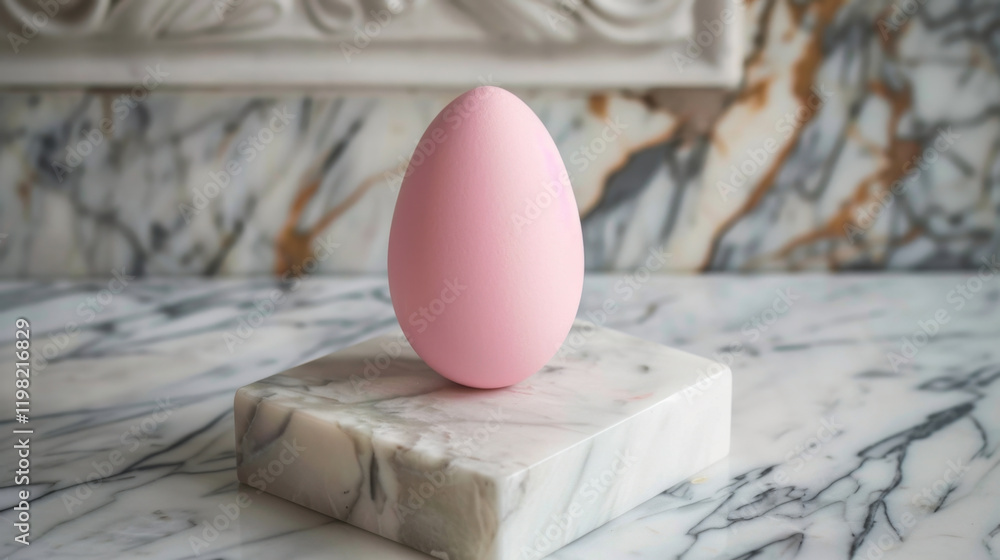 Poster pink egg placed on marble surface, showcasing minimalist design. smooth texture and soft color creat