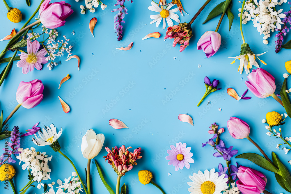 Poster blue background with a large assortment of flowers. the flowers are of various colors and sizes, and