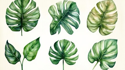 Watercolor monstera leaves set isolated on white background. Hand drawn illustration