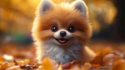 Obraz premium Cute little Pomeranian dog in the autumn park. Cute pet