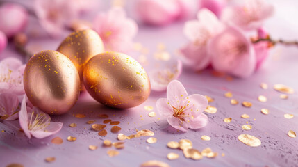 Obraz premium Golden eggs surrounded by pink flowers and confetti create festive atmosphere. Perfect for spring celebrations and Easter decorations, this vibrant scene captures joy and renewal