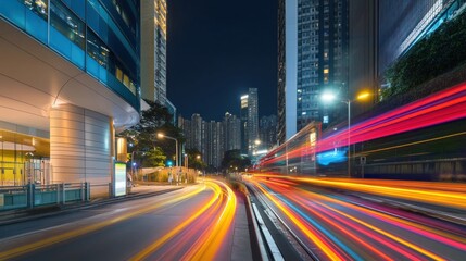 Fototapeta premium Vibrant Cityscape: Night Lights and Motion Blur in Hong Kong