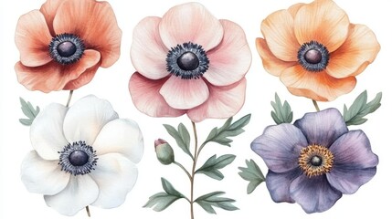 watercolor painting of anemone flowers, can be used as a background