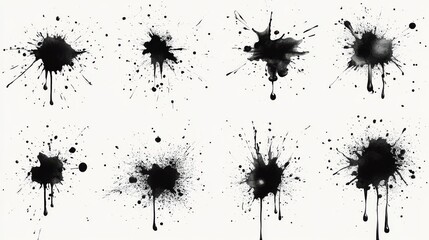 Set of black ink splashes on white background. Abstract artistic background