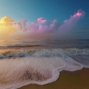 Beach Ocean Waves with Colorful Clouds - Vibrant Seaside Landscape