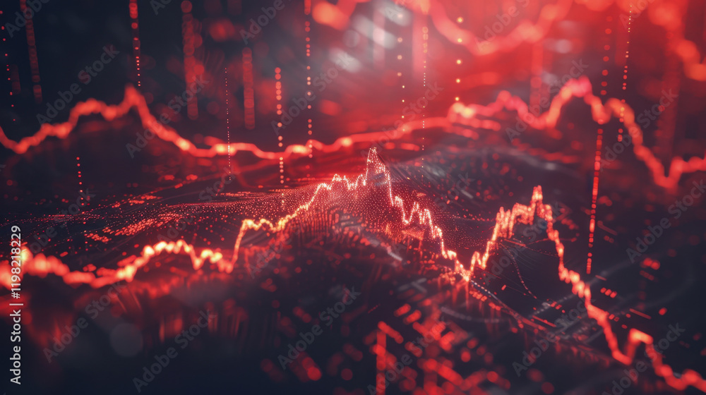 Poster visual representation of financial data with red and black tones, showcasing fluctuating graphs and 