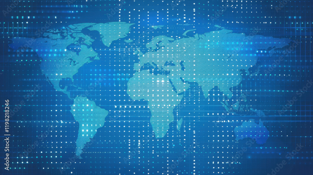 Poster digital world map with blue tones and dotted grid pattern, representing global connectivity and tech