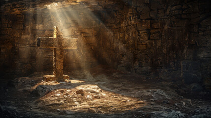 weathered cross stands in dimly lit cave, illuminated by rays of light filtering through rocky ceiling, creating serene and spiritual atmosphere