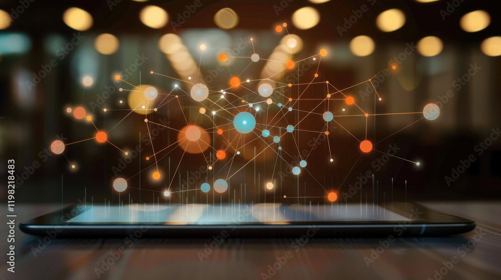 Poster digital tablet with network connections and glowing nodes