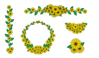 Obraz premium Collection of sunflowers set decorative elements design. Vector illustration on white background.