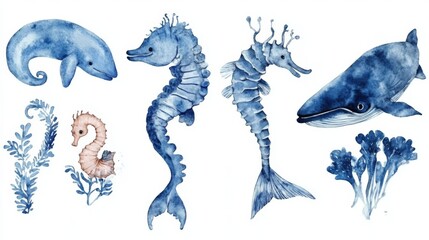 Fototapeta premium Set of watercolor illustrations of sea animals on a blue background