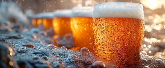 Cold beer glasses beach sunset