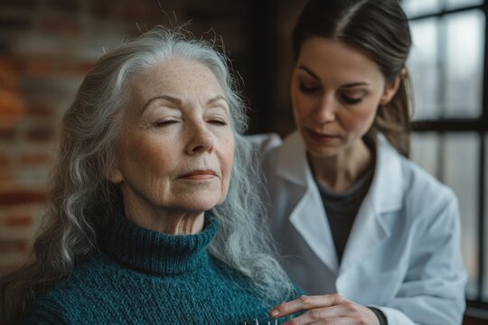 An elderly woman with eyes closed receives acupuncture treatment from a young female practitioner.