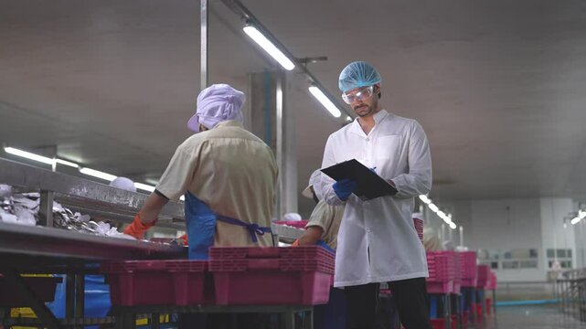 Worker inspecting a fresh fish in seafood production plant of food safety precision and quality assurance in modern manufacturing. Inspector reviewing seafood processing activities facility.