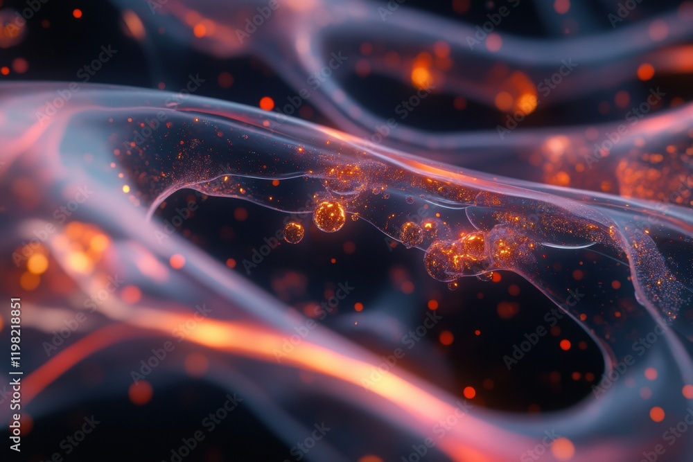 Fototapete Stunning 3D render of colorful microbes interacting within a vibrant network in a microscopic environment. Generative AI