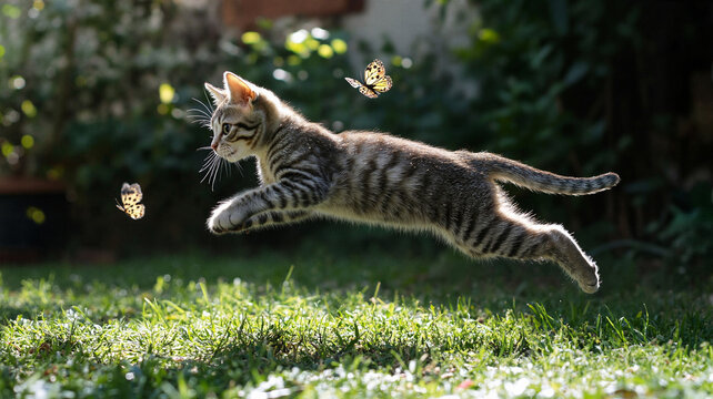 American Shorthair kitten joyfully playing and jumping in the garden with butterflies