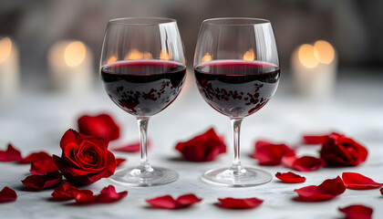 Romantic red wine, candlelight, roses