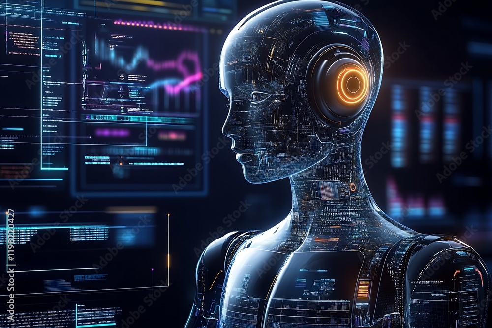 Aufkleber futuristic artificial intelligence interface with digital data and cybernetic human profile : genera