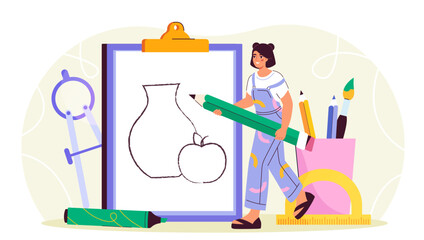 Woman drawing sketch. Young girl with pencil draws sketch of vase with apple. Creativity and art. Hobbies and leisure. Artist training in studio. Flat vector illustration