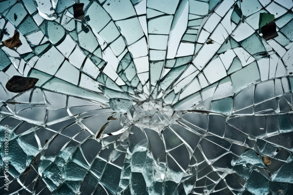 Poster shattered glass window with a green background. the broken glass is scattered all over the window, c