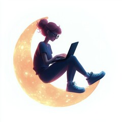 Digital illustration of a girl on a crescent moon using a laptop in a playful cartoon style