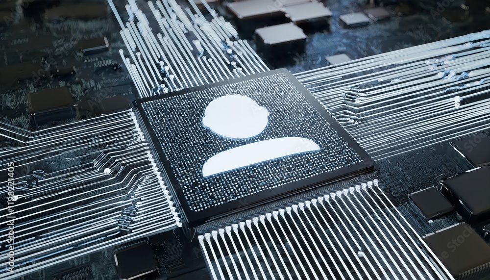 Poster innovative technology concept symbolized on a microchip, embedded in a minimalist background, depict