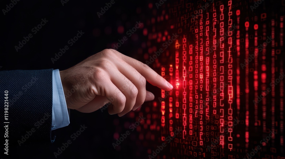 Poster futuristic hand interacting with glowing red binary code display