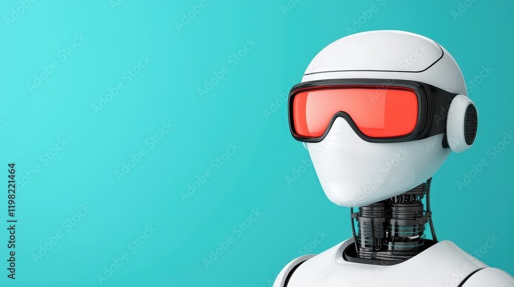Poster futuristic robot with red goggles against a turquoise background