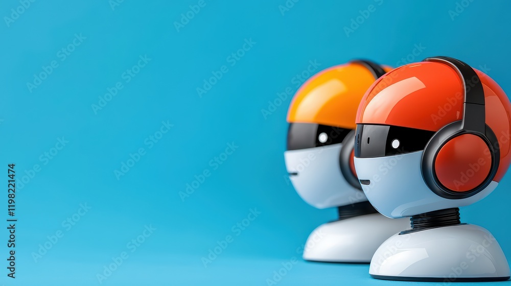Poster two colorful robot characters with headphones on blue background